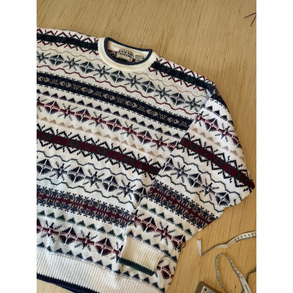 Cotton Traders Vintage Fair Isle Snowflake Knit Sweater Mens XL Cream Multi 41